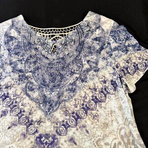 Time & True Womens BOHO Tunic Shirt XXL Blue /White Rhinestones Macrame